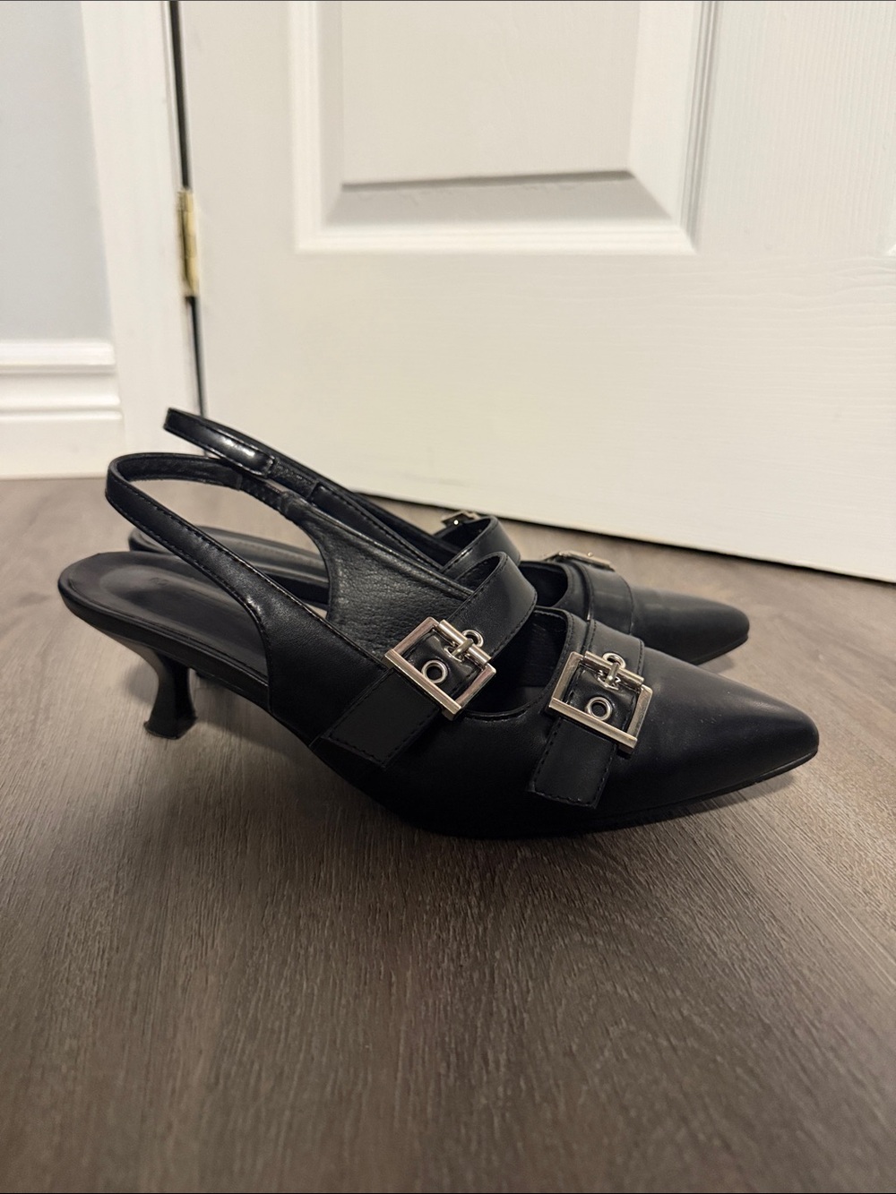 Streetwear Society Black Pointed Slingback Heels with Silver Buckles